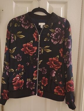 Susan Graver Navy Floral Zip-Front Bomber Jacket